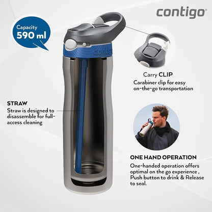 Contigo Ashland Chill Autospout Water Bottle with Flip Straw, Stainless Steel Thermal Drinking Bottle,Leakproof,Grey, BLue, 590 ml