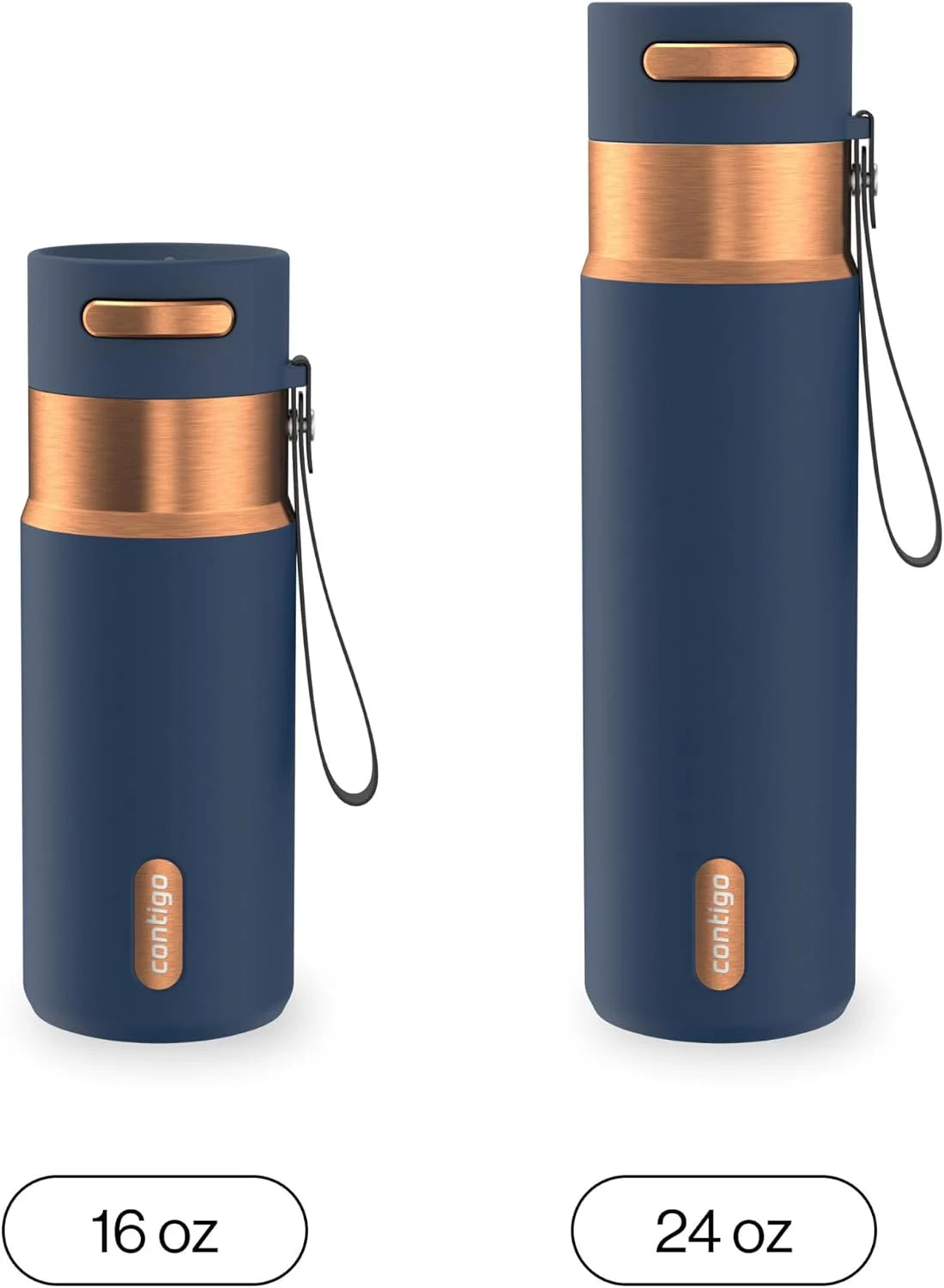 Contigo AutoSeal 24 oz Stainless Steel Vacuum-Insulated Water Bottle with Leakproof Push-Button Spout & Lock, Carry Strap, BPA-Free & Lead-Free, Dishwasher Safe