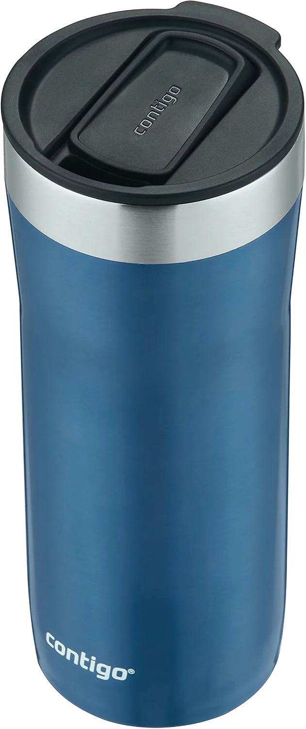 Contigo Streeterville Stainless Steel Vacuum-Insulated Tumbler with Straw and Splash-Proof Slider Lid, Keeps Drinks Hot up to 8hrs or Cold for 24hrs, Great for Travel/Work/School, 24oz Blue Corn