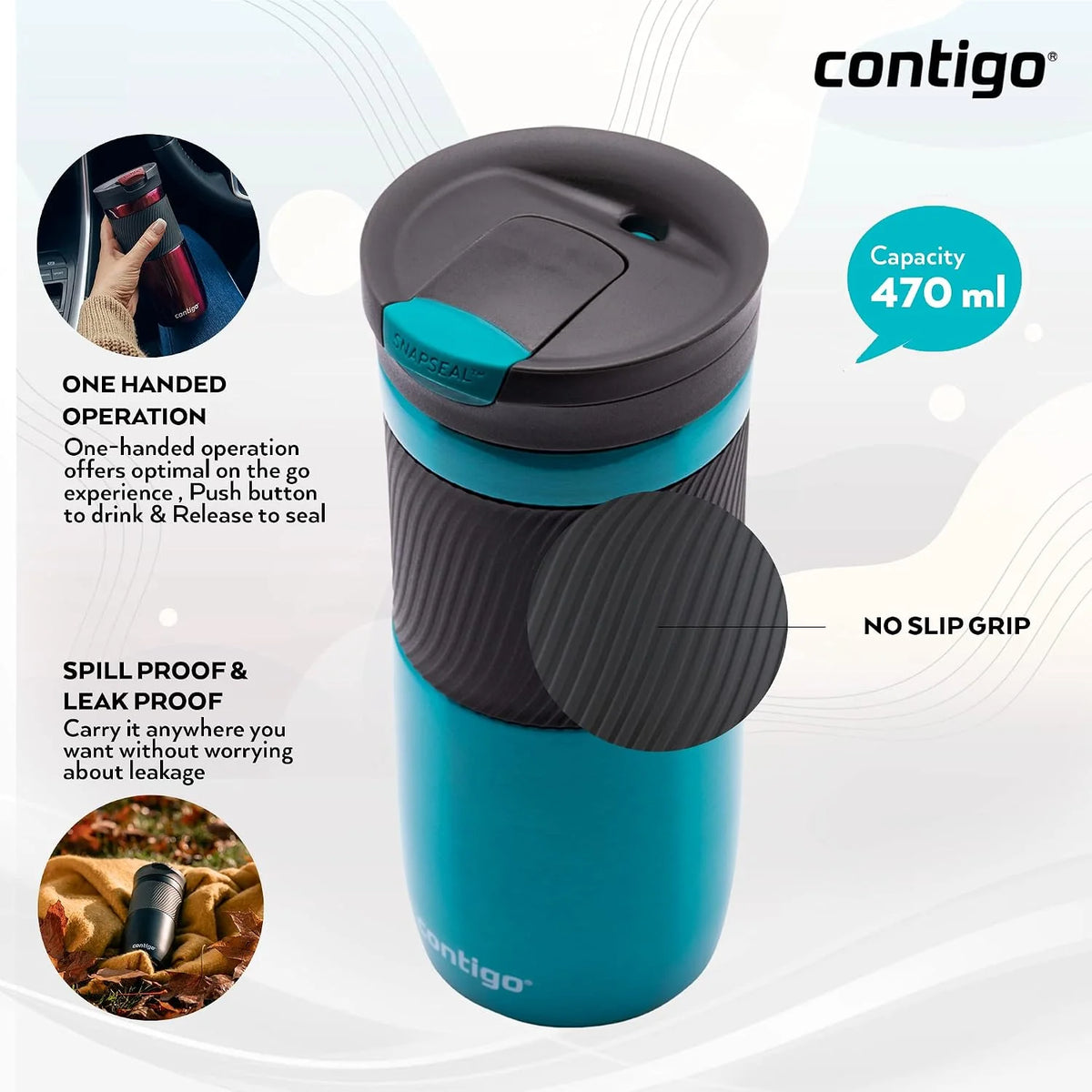 Contigo Byron Snapseal Travel Mug, Stainless Steel Thermal mug, vacuum flask, leakproof tumbler, coffee mug with BPA free Easy-Clean Lid, 470 ml, Vivacious