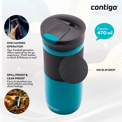 Contigo Byron Snapseal Travel Mug, Stainless Steel Thermal mug, vacuum flask, leakproof tumbler, coffee mug with BPA free Easy-Clean Lid, 470 ml, Vivacious