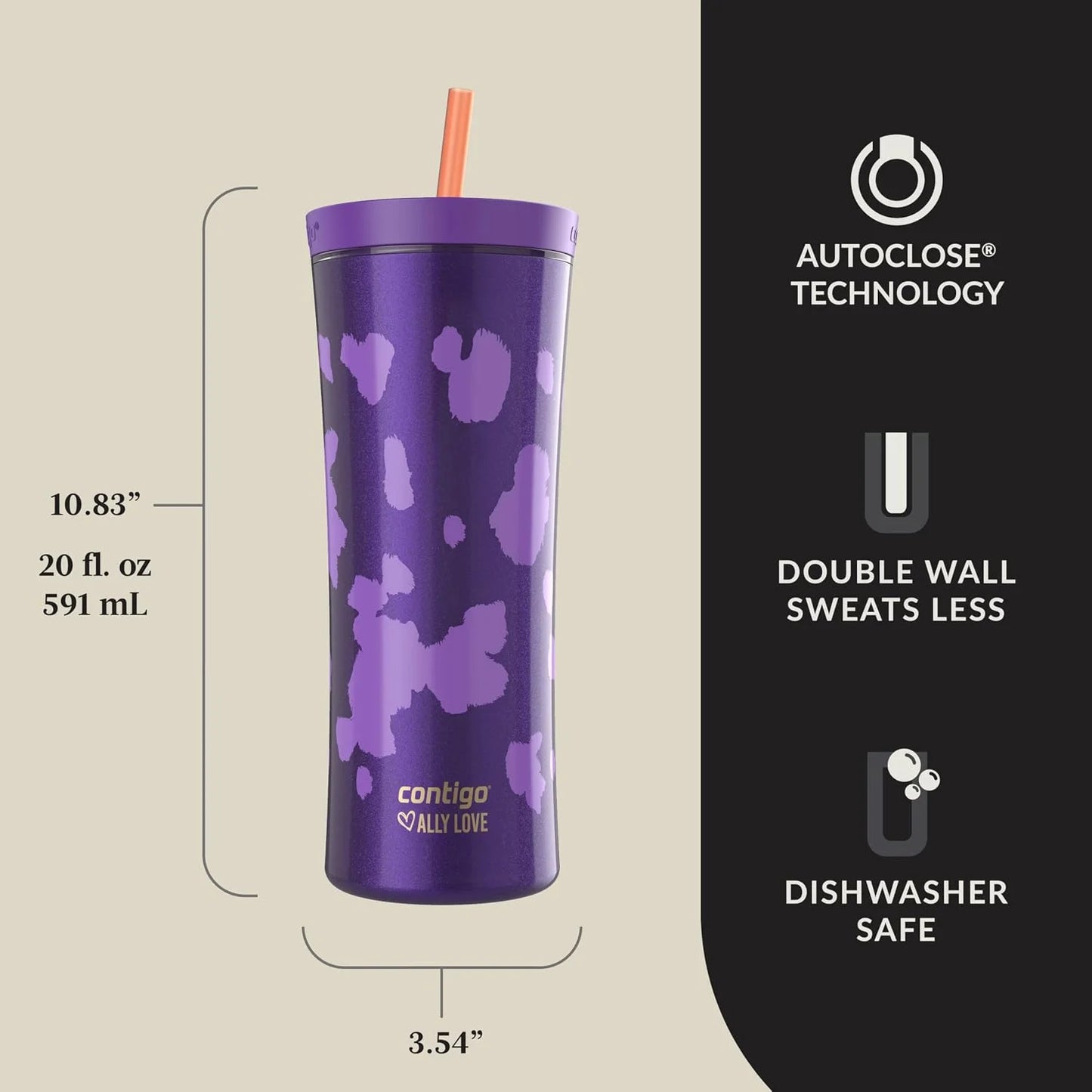 Contigo x Ally Love Shake & Go Tumbler, Autoclose Lid, Leak Proof, 20oz, Licorice