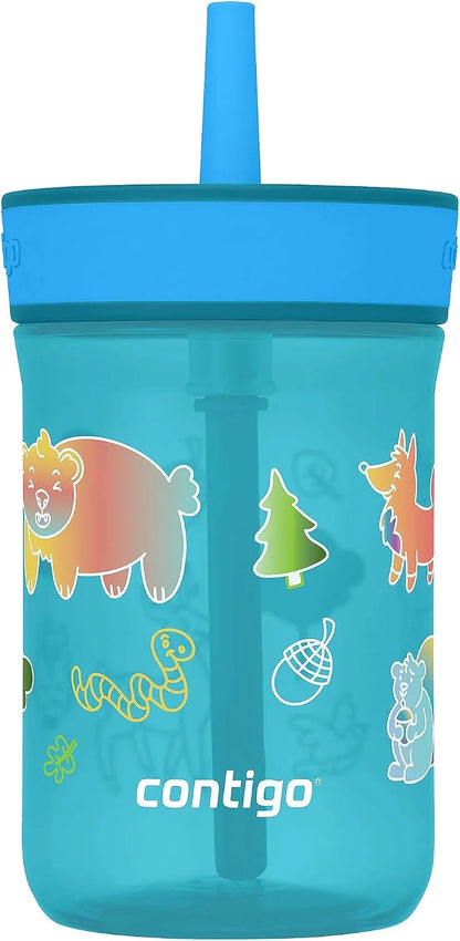 Contigo Kids’ Leighton Straw Tumbler with Spill-Proof Leak-Proof Lid 14oz Juniper/Blue Forest