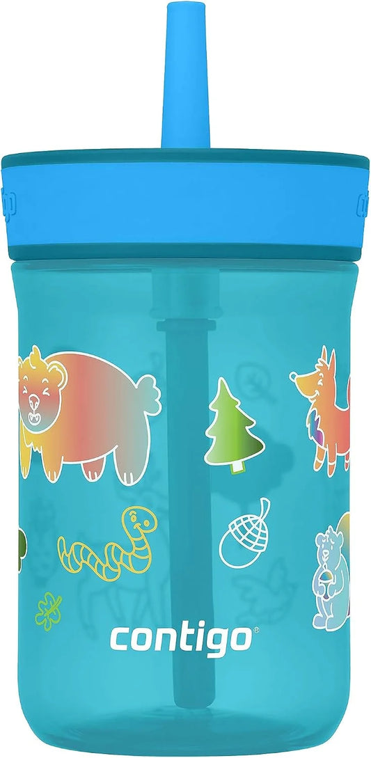 Contigo Kids’ Leighton Straw Tumbler with Spill-Proof Leak-Proof Lid 14oz Juniper/Blue Forest
