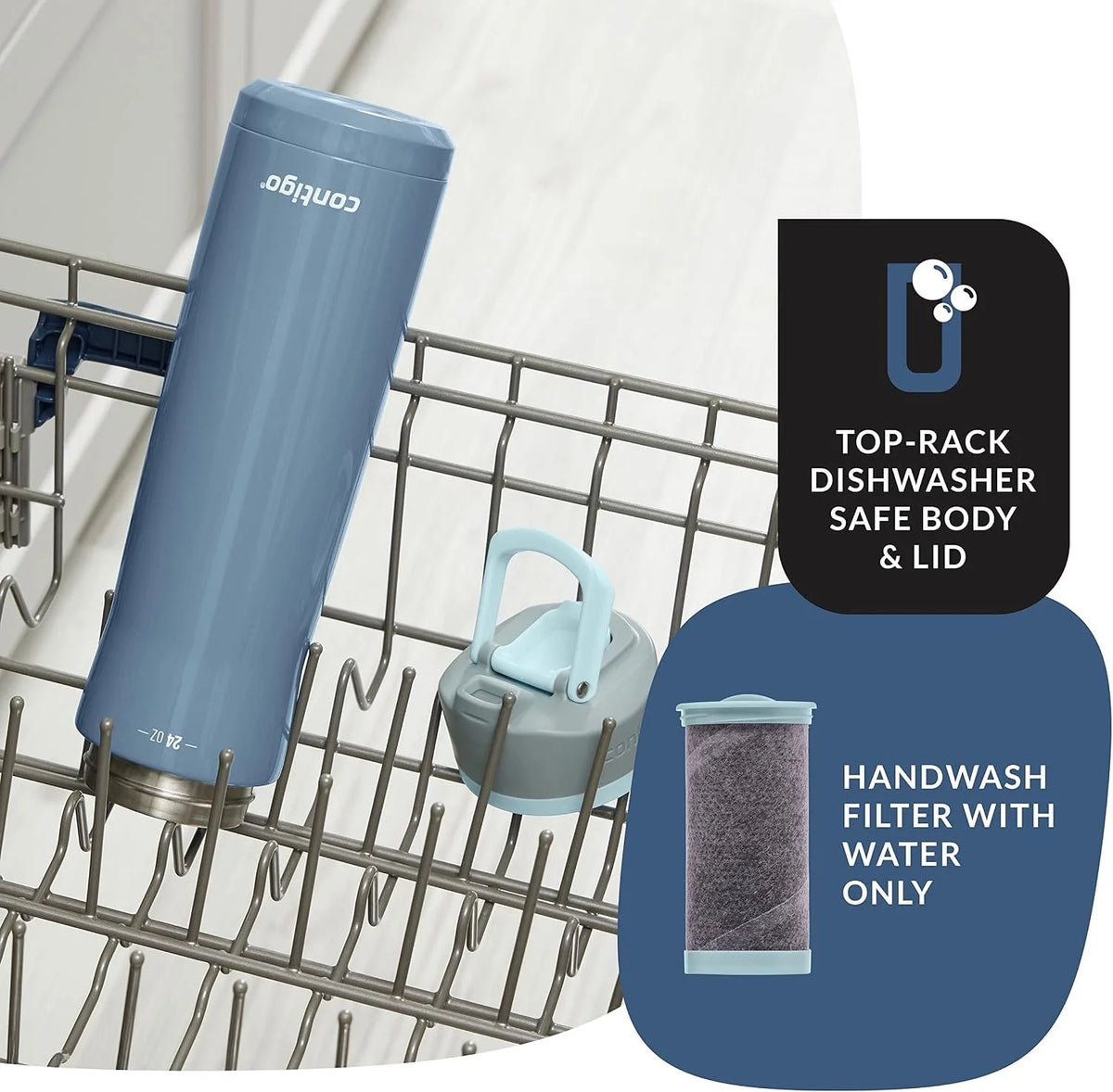 Contigo Clybourn Chill Stainless Steel Filter Water Bottle, 24 oz, Salt