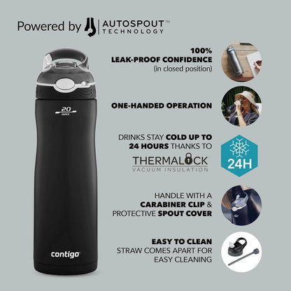 Contigo Ashland Chill Water Bottle with Straw, Keeps drinks cool for 24 h, insulated Stainless Steel Drinking Bottle, Leak-Proof Thermal Bottle, Sports Bottle for gym, Bike, Hiking, 590 ml
