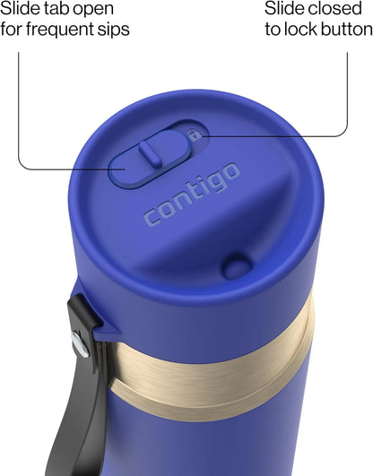 Contigo AutoSeal 24 oz Stainless Steel Vacuum-Insulated Water Bottle with Leakproof Push-Button Spout & Lock, Carry Strap, BPA-Free & Lead-Free, Dishwasher Safe