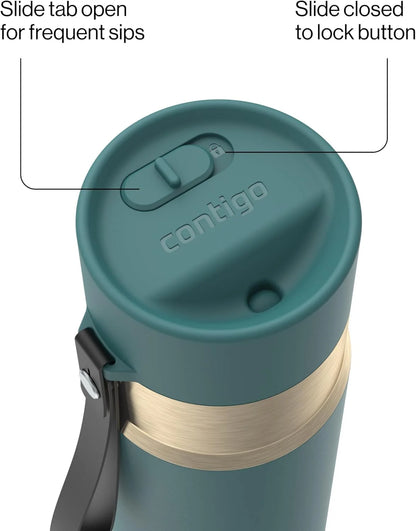Contigo AutoSeal 24 oz Stainless Steel Vacuum-Insulated Water Bottle with Leakproof Push-Button Spout & Lock, Carry Strap, BPA-Free & Lead-Free, Dishwasher Safe
