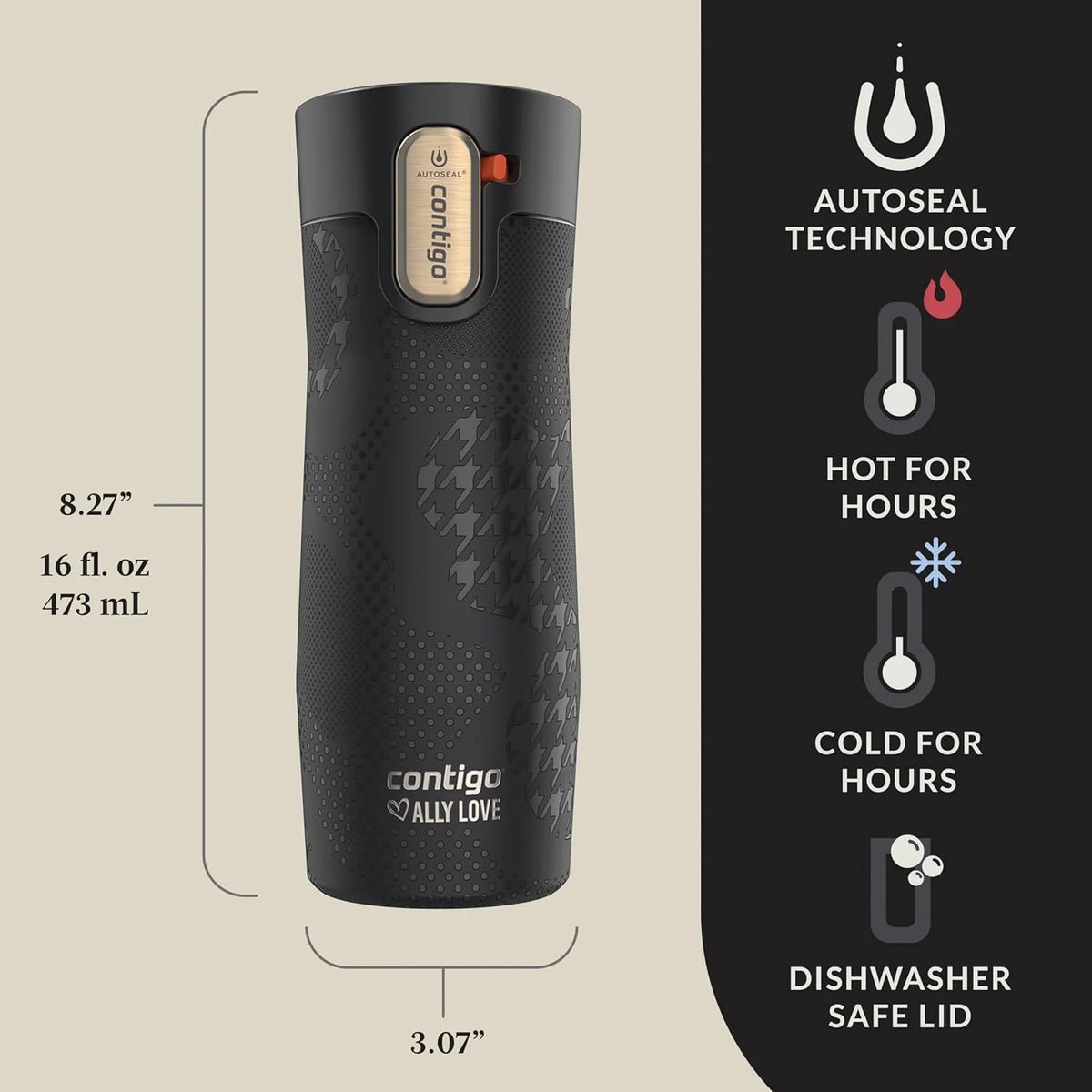 Contigo x Ally Love Stainless Steel Vacuum-Insulated Travel Mug with Autoseal and Easy Clean Lid, Spill-proof, Keeps Drinks cold 24 hrs & hot for 11 hrs, BPA Free, 16oz., West Loop 3.0, Licorice