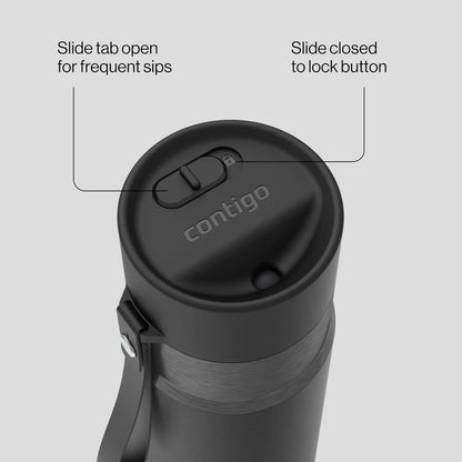 Contigo AutoSeal 24 oz Stainless Steel Vacuum-Insulated Water Bottle with Leakproof Push-Button Spout & Lock, Carry Strap, BPA-Free & Lead-Free, Dishwasher Safe