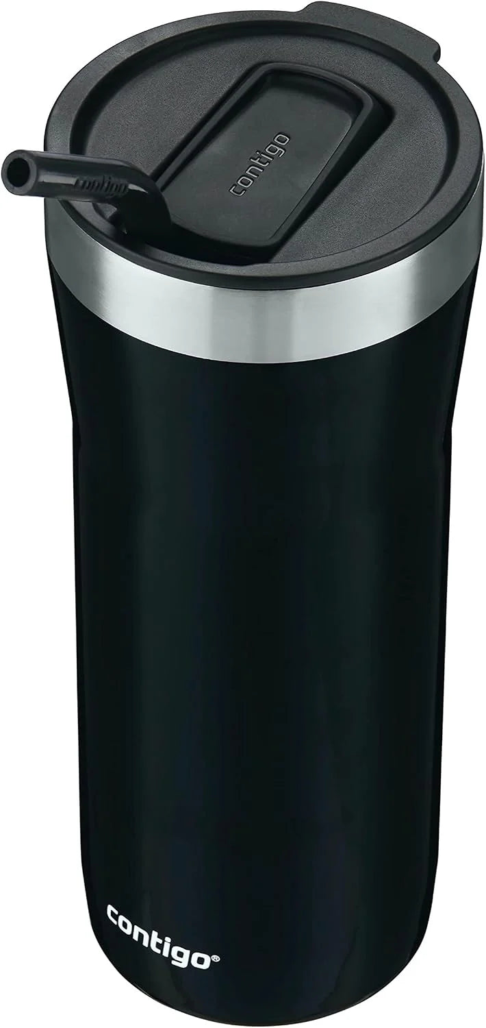 Contigo Streeterville Stainless Steel Vacuum-Insulated Tumbler with Straw and Splash-Proof Slider Lid, Keeps Drinks Hot up to 8hrs or Cold for 24hrs, Great for Travel/Work/School, 24oz Blue Corn