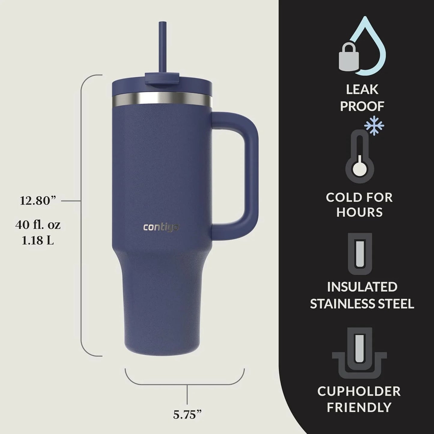 Contigo Streeterville 40oz Tumbler, Stainless Steel Vacuum Insulated, Leak-Proof, Cold for 29 Hours, Salt