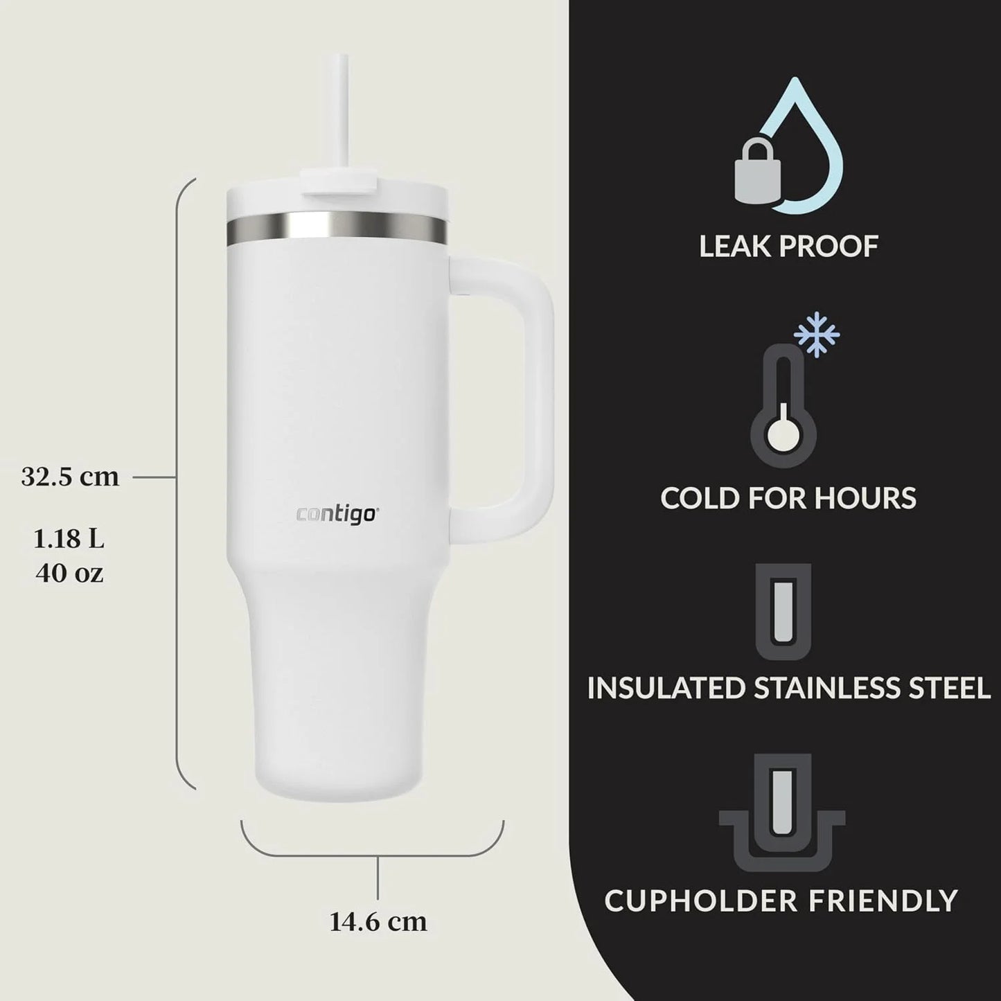 Contigo Streeterville 40oz Tumbler, Stainless Steel Vacuum Insulated, Leak-Proof, Cold for 29 Hours, Salt