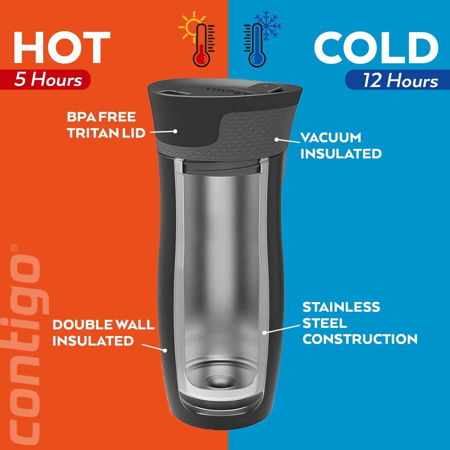 Contigo West Loop Autoseal Travel Mug, Stainless Steel Thermal Mug, Vacuum Flask, Leakproof Tumbler, Coffee Mug with BPA-Free Easy-Clean Lid