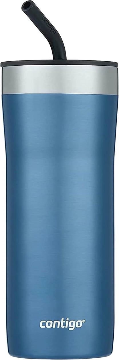 Contigo Streeterville Stainless Steel Vacuum-Insulated Tumbler with Straw and Splash-Proof Slider Lid, Keeps Drinks Hot up to 8hrs or Cold for 24hrs, Great for Travel/Work/School, 24oz Blue Corn