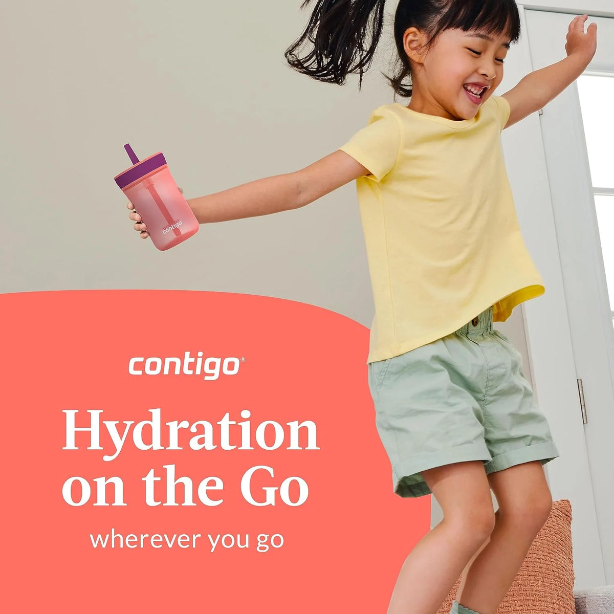 Contigo Kids’ Leighton Straw Tumbler with Spill-Proof Leak-Proof Lid 14oz Juniper/Blue Forest