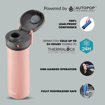 Contigo Jackson Chill Drink Bottle, Large BPA-Free Stainless Steel, 100% Leakproof, Keeps Drinks Cool Up to 24 Hours; Insulated Bottle for Sports, Cycling, Jogging, Hiking, 590 ml