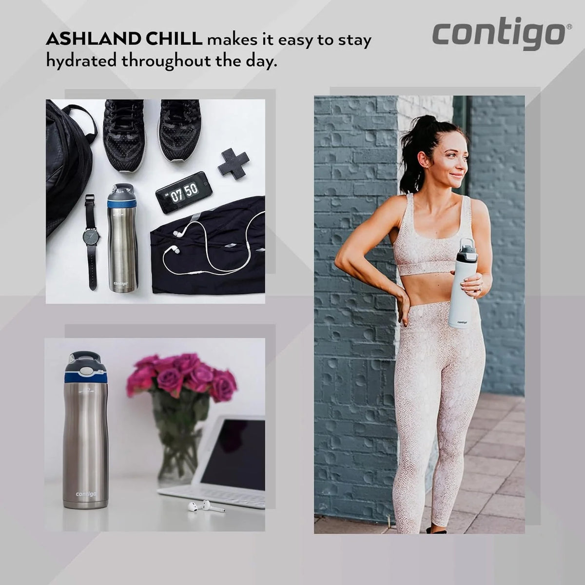 Contigo Ashland Chill Autospout Water Bottle with Flip Straw, Stainless Steel Thermal Drinking Bottle,Leakproof,Grey, BLue, 590 ml