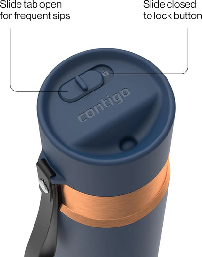Contigo AutoSeal 24 oz Stainless Steel Vacuum-Insulated Water Bottle with Leakproof Push-Button Spout & Lock, Carry Strap, BPA-Free & Lead-Free, Dishwasher Safe
