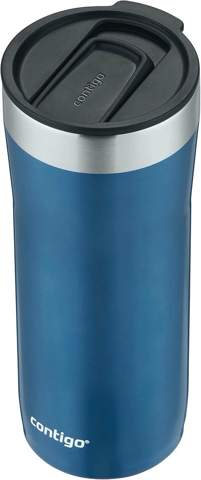 Contigo Streeterville Stainless Steel Vacuum-Insulated Tumbler with Straw and Splash-Proof Slider Lid, Keeps Drinks Hot up to 8hrs or Cold for 24hrs, Great for Travel/Work/School, 24oz Blue Corn