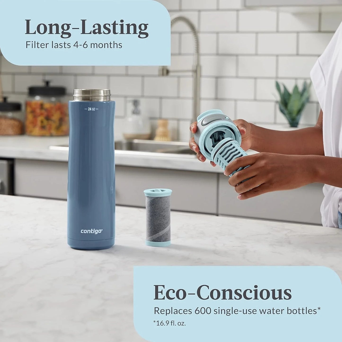 Contigo Clybourn Chill Stainless Steel Filter Water Bottle, 24 oz, Salt
