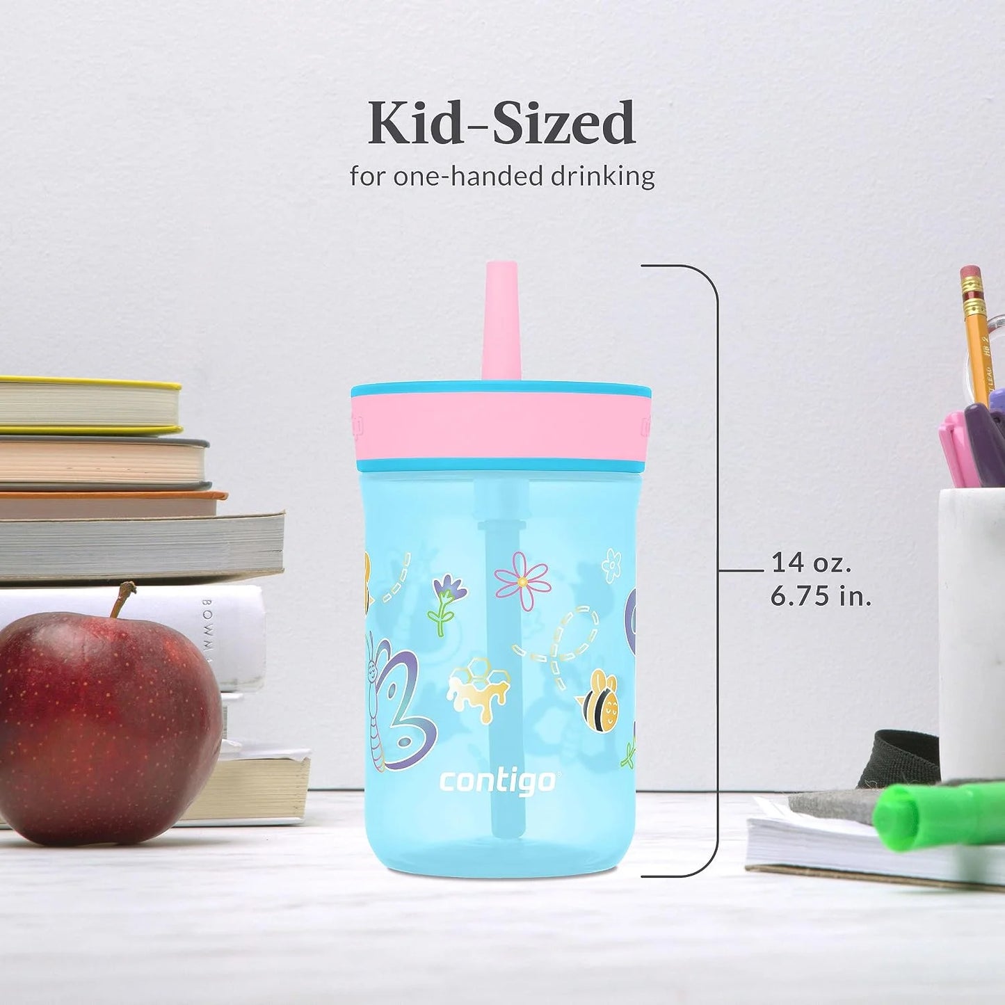 Contigo Kids’ Leighton Straw Tumbler with Spill-Proof Leak-Proof Lid 14oz Juniper/Blue Forest