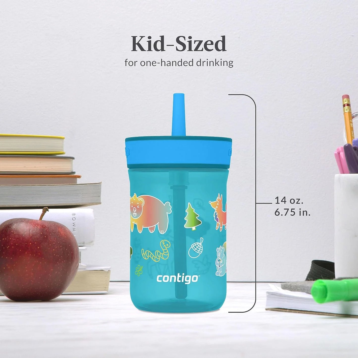 Contigo Kids’ Leighton Straw Tumbler with Spill-Proof Leak-Proof Lid 14oz Juniper/Blue Forest