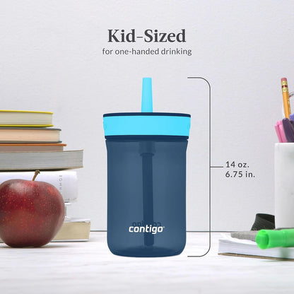 Contigo Kids’ Leighton Straw Tumbler with Spill-Proof Leak-Proof Lid 14oz Juniper/Blue Forest